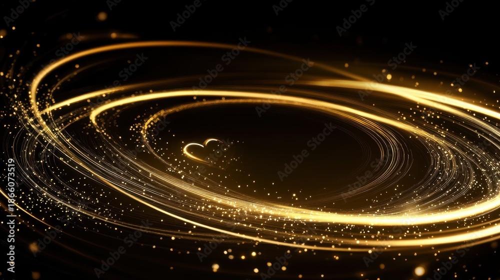 Fototapeta premium Golden Swirls and Heart: Abstract Light Trails on Dark Background