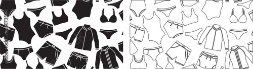 Seamless swimwear and underwear vector pattern in black and white styles isolated PNG with Transparent Background