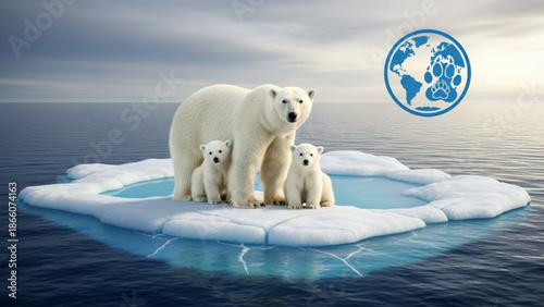 Polar Bear Family on Melting Iceberg with Earth Symbol during Climate Change