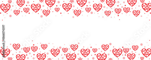 Vibrant double-row seamless border featuring clusters of red and pink hearts interspersed with sparkling white snowflakes and stars on a transparent background. Ideal for Valentine's Day greetings.