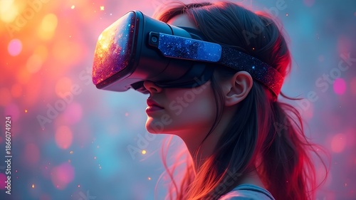 Young Woman Experiencing VR in Neon Light Environment - Futuristic Concept. Stylish futuristic portrait representing modern virtual lifestyles, ideal for metaverse & fashion tech. AI image