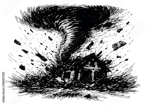 Hand drawn line art illustration of a tornado depicting a destroyed house for weather emergency