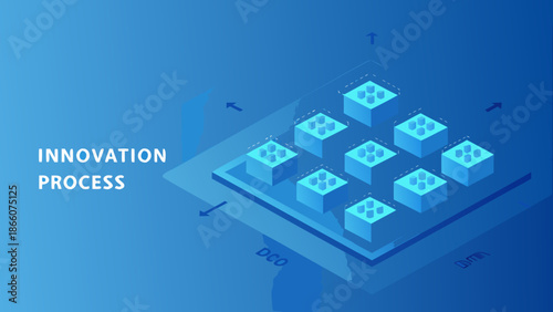 Isometric illustration of innovation process with building blocks on a blue background