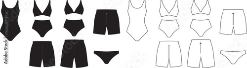 Collection of black and outline vector swimwear icons, including one-piece, bikini, and swim shorts for beach fashion isolated PNG with Transparent Background