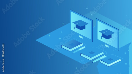 Isometric view of online education concept with graduation caps on computer screens and books
