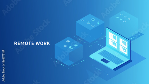 Flat vector illustration of remote work environment with laptop and cubes on blue background