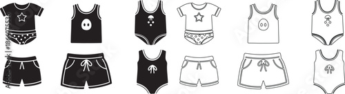 Hand drawn doodle style monochrome vector icon set of kids summer clothing and swimwear isolated PNG with Transparent Background
