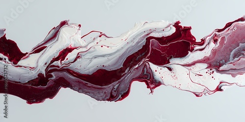 Abstract fluid maroon white paint swirls on light background
