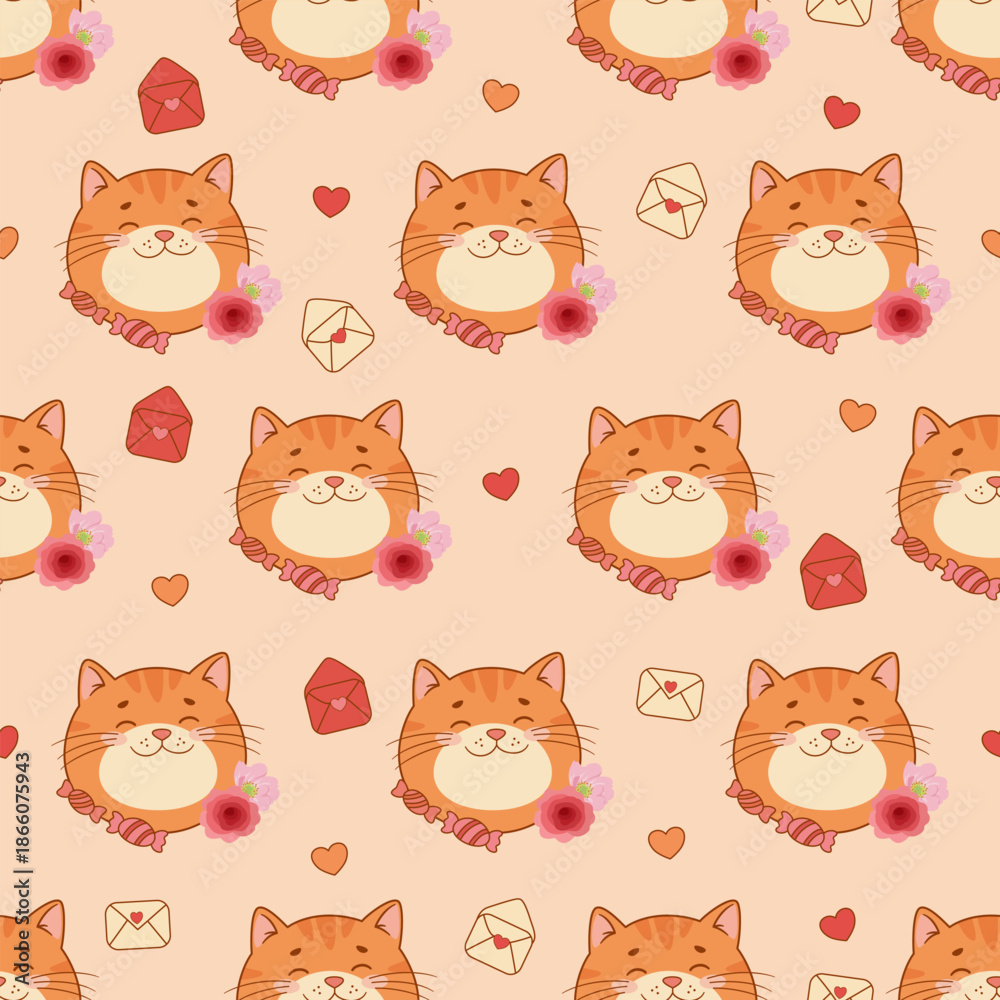 Fototapeta premium Romantic Valentine's Day seamless pattern with cute orange cats, roses, and love letters. Adorable ginger cat and red rose floral background with hearts and candies.