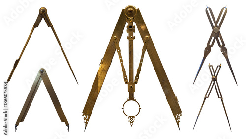 Принти на полотні Antique drawing compasses, dividers, sector, calipers, drafting tools and proportional instruments isolated on white background