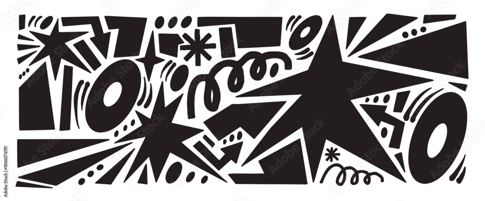 Naklejka premium Silhouettes paper cutouts stars, geometric figures. Playful black simple scrap paper collage with sparkles, arrows, squiggles and doodles . Vector hand drawn silhouette set isolated no background.