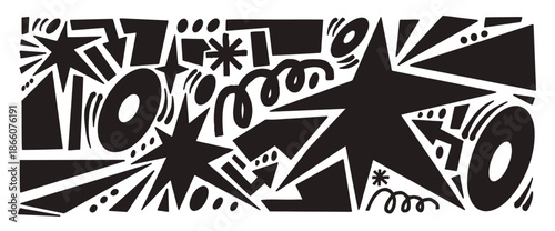 Silhouettes paper cutouts stars, geometric figures. Playful black simple scrap paper collage with sparkles, arrows, squiggles and doodles . Vector hand drawn silhouette set isolated no background.