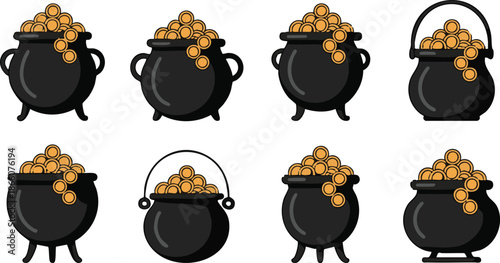 Pot of golden coins isolated vector icons of St. Patricks Day. Cartoon different cauldrons full of golden coins. Leprechaun treasury, Patricks Day holiday symbols. Iron pots with handles