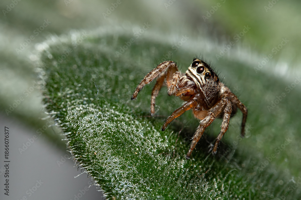 Fototapeta premium Jumping Spider Exploring Textured Leaf Surface