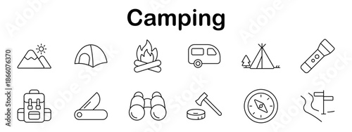 Camping set icon. Mountain, tent, campfire, trailer, flashlight, backpack, pocketknife, binoculars, axe, compass, log slice, trail sign rendered in outdoor line style.