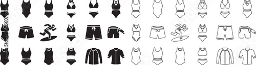 Mega set of swimwear and beach clothing icons. Collection includes one-piece, bikini, swim shorts, wetsuit, and surfer vector symbols in line and solid styles. isolated PNG with Transparent Background