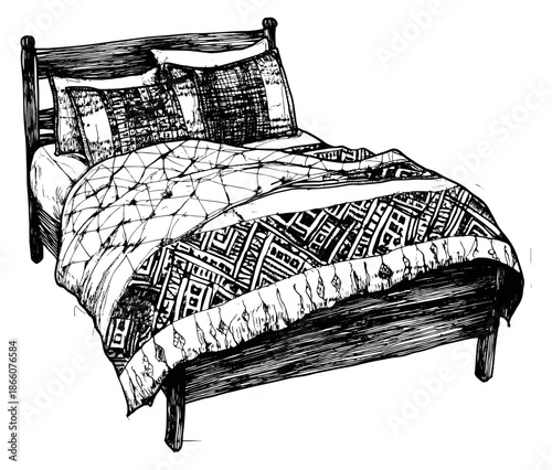 Hand drawn line art illustration of a bed depicting bohemian patterns for bedroom decor