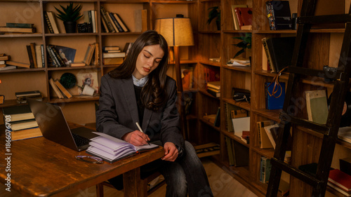 Quadro em tela Young woman in a suit writing in a notebook at a desk in a library