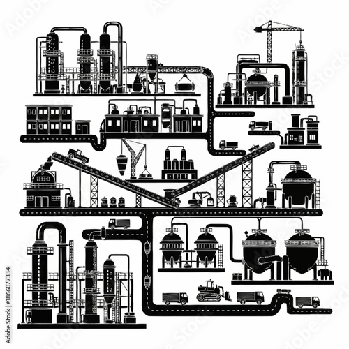 Complex industrial factory and manufacturing plant with interconnected pipelines and machinery.