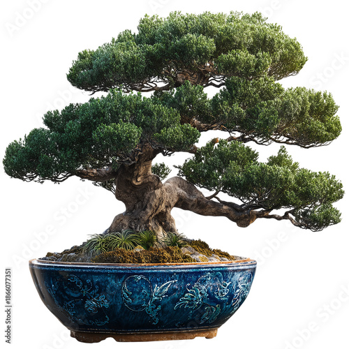 Exquisite Japanese Bonsai Tree in an Ornate Blue Ceramic Pot, a Symbol of Nature's Artistry and Tranquility
