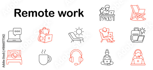 Remote work set icon. Laptop, headset, chair, bed, backpack, cup, sun, girl with laptop, talk, freelancer, bag, comfort, message, armchair, home office.