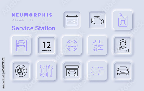 Service station set icon. Depicts mechanic, battery, engine, wrench, tools, steering wheel, car, headlights, lift, tire, gas can, number badge