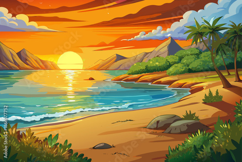 Landscape with sea sunset on beach golden light reflecting on water peaceful coastal scenery calm evening atmosphere summer travel concept stock photography.