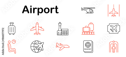 Airport set icon. Plane, boarding, luggage, passport, ticket, gate, runway, terminal, helicopter, conveyor, globe, control tower, flight, traveler, security, ID, journey.