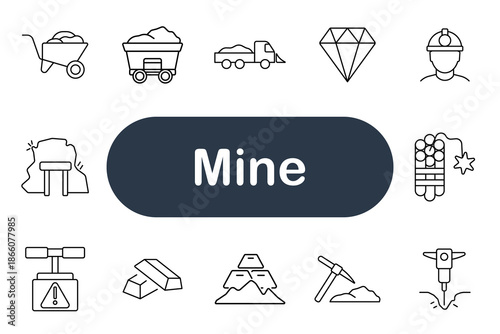 Mine set icon. Cart, wheelbarrow, truck, diamond, tunnel, dynamite, helmet, gold, bar, pickaxe, drill, rock, worker, industry, resource, danger, energy, tool, excavation, mineral