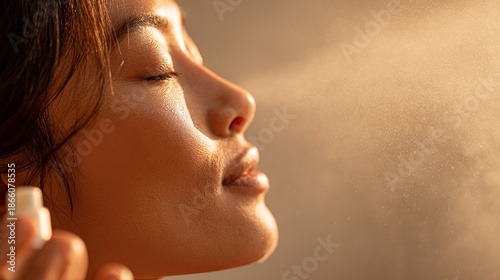Woman Applying Perfume, Close-Up Portrait, Sunlit Beauty Shot, Elegant Fragrance Moment