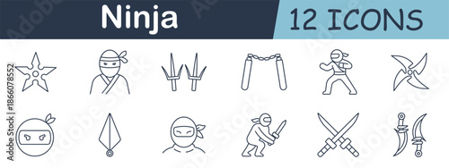 Ninja set icon. Shuriken, masked face, sais, nunchaku, warrior pose, dual swords, cloak, daggers, and ninja stances drawn in martial arts outline style.