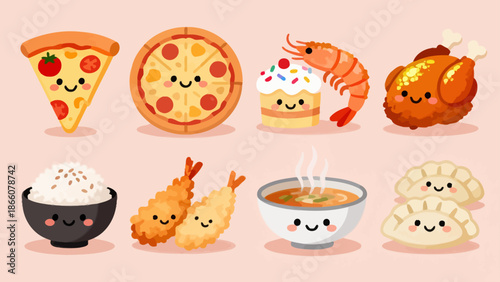 Cute food characters with happy faces