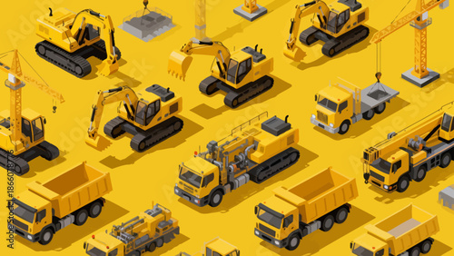 Construction vehicles on yellow background