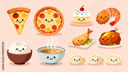 Cartoon food items with happy faces