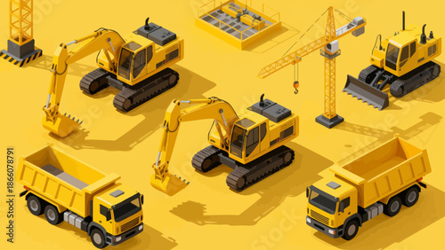 Yellow construction vehicles on yellow background