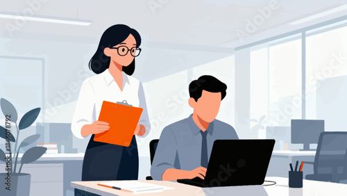 Office workers with clipboard and laptop