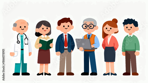 diverse cartoon professionals in line