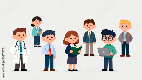 Cartoon people in various professional outfits