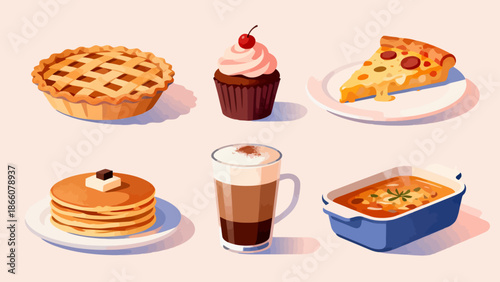 Assorted food items and drink