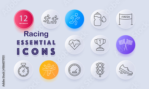 Racing set icon. Runners, water bottle, finish line, heart rate, trophy, flags, stopwatch, celebration, speedometer, traffic light, running shoe outlined in fitness race theme.