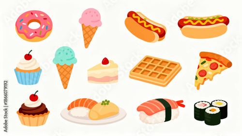 Assorted food icons on white background