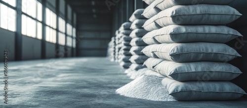Stacks of white bags with bulk material and pile of powder on concrete floor in industrial warehouse