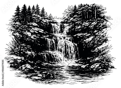 Hand drawn line art illustration of a cascading waterfall depicting water flowing over rocks with surrounding trees for nature and outdoor designs