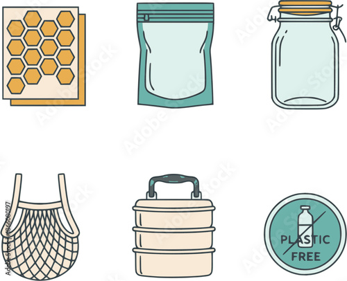 Professional zero-waste storage icons. Flat vector set featuring beeswax wraps, silicone bags, and glass jars. High-quality honey yellow and teal graphics isolated on white.