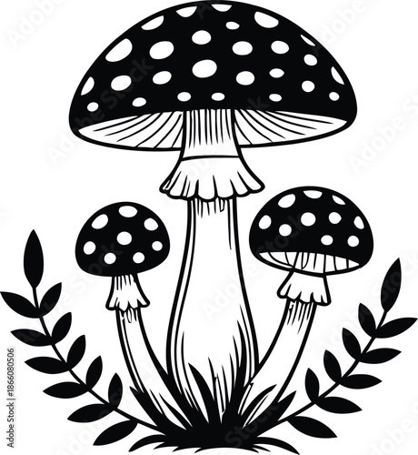 Black and white mushroom silhouette illustration vector set white background
