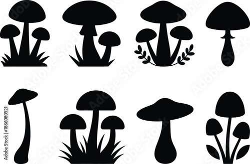Black and white mushroom silhouette illustration vector set white background