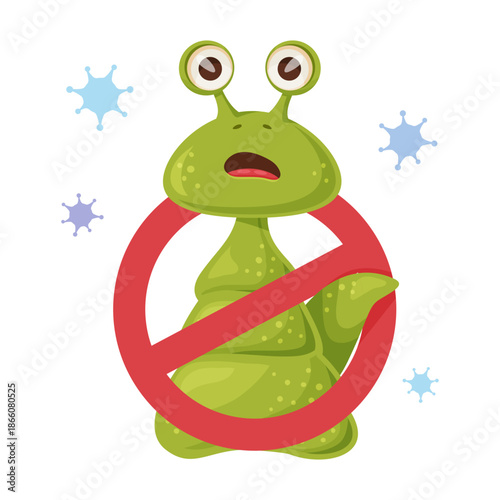 cartoon germ creature under red prohibition, two eyestalks and open mouth showing shocked expression, floating