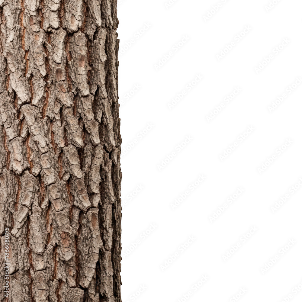 Fototapeta premium Close up of rough textured brown tree bark against a solid black background natural image