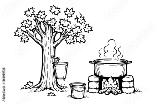 Traditional maple syrup production: tree tap and boiling kettle