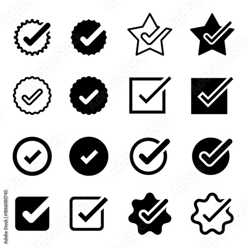 Verified account badge. Checklist icon set. tick and heckmark symbol